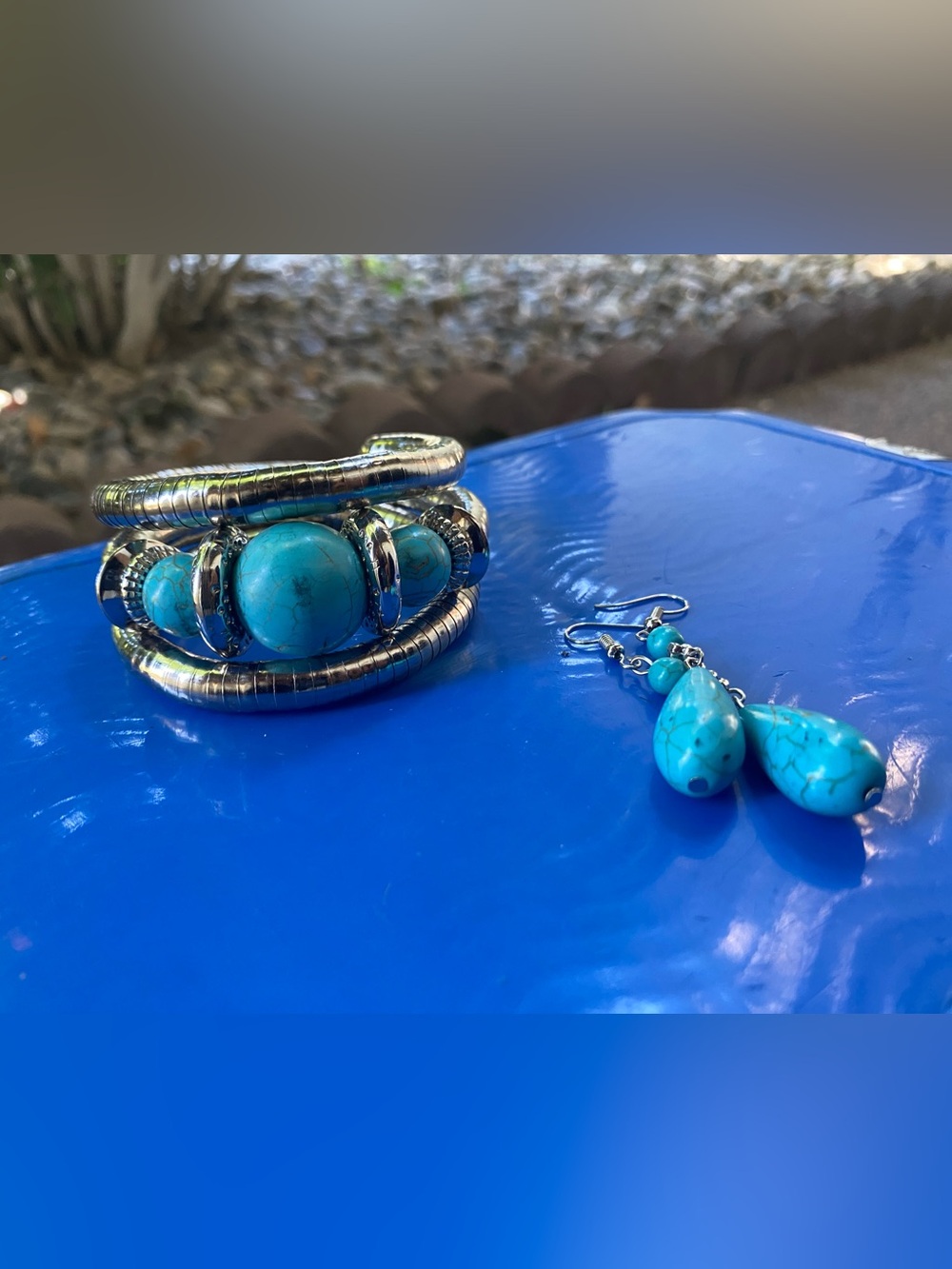 Turquoise Bead Wrap Bracelet and Teardrop Earrings Set - Blue